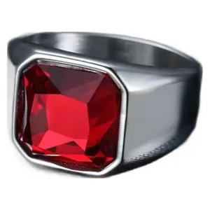 Vintage men's stainless steel ring featuring a large square red gemstone centerpiece