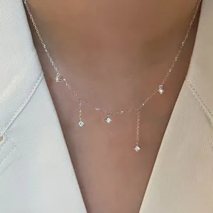 S925 silver zircon tassel necklace detail view, elegant sparkly collarbone chain close-up
