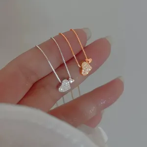 Collar con colgante de doble corazón de plata S925 para mujer cadena circonita brillante