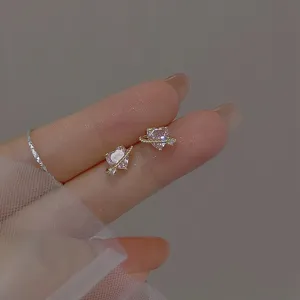 Pendientes de Botón de Plata de Ley S925 Corazón Planeta Circonita Rosa Diseño de Nicho Joyería Exquisita para Mujer