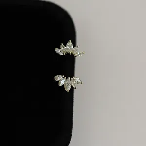 Pendientes de Botón de Corona de Plata de Ley S925 Para Mujer Diamantes de Imitación en Forma de Abanico Joyería Minimalista