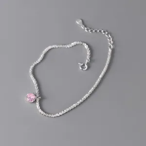 Tobillera de plata para mujer con colgante de cristal rosa y cadena brillante y elegante.