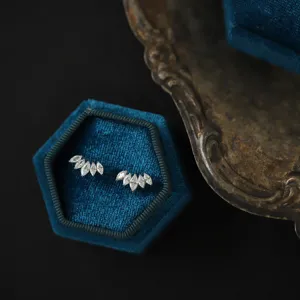 Una vista de detalle muy cercana de los exquisitos pendientes de corona de plata S925.