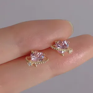 Pendientes de botón de corazón de planeta romántico de plata 925 circonita rosa mujer
