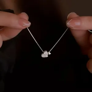 Collar Con Colgante De Doble Corazón De Plata De Ley 925 Para Mujer Elegante Cadena De Caja Incrustada Con Diamantes De Imitación Joyería De Moda