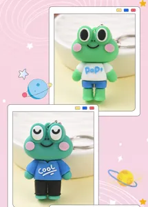 Nahaufnahme des süßen Cartoon-Frosch-Schlüsselanhängers mit tollen Details und Farben.