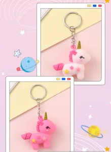 Cute soft rubber unicorn keychain pendant details, pink star charm and metal ring design.