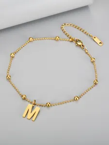 Gold titanium steel anklet with beaded chain and capital letter M charm