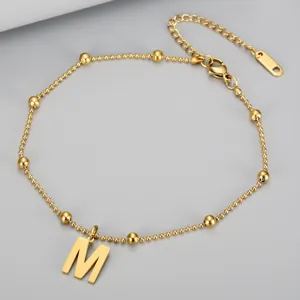 18K gold-plated titanium steel beaded anklet with M-initial pendant