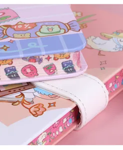 Detailed close-up view of a cute cartoon journal featuring illustrated gilded page edges