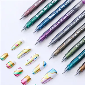 Macro view of metallic nail art gel pens alongside DIY painted colorful display nail tips