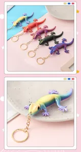 3D printed articulated spring lizard keychain, colorful cute decompression toy pendant for keys.