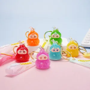 Cute Cartoon Lucky Baby Gourd Keychain Acrylic Liquid Quicksand Sequin Schoolbag Ornament Car Keyring Hanging Decoration Gift