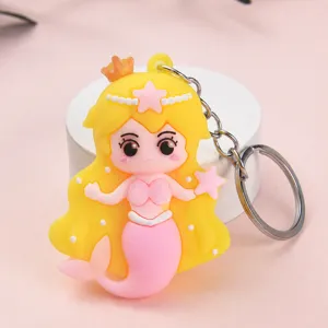 Cute cartoon mermaid girl silicone keychain detail view, soft rubber bag pendant accessory.