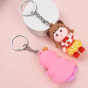 Cute cartoon girl and mermaid keychain set, PVC soft rubber pendant with metal ring for keys.