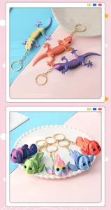 Close-up details of colorful articulated gecko and fish keychains, vibrant 3D printed fidget toy design.