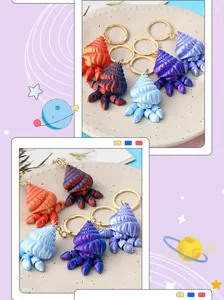3D printed articulated hermit crab keychain cute colorful marine animal keyring pendant