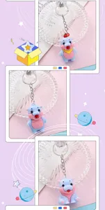 Cute 3D blue hippo keychain detail view, showing exquisite cartoon animal pendant design.