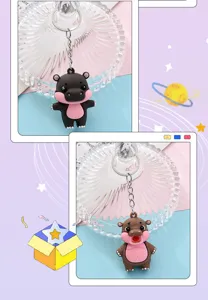 Cute 3D cartoon hippo keychain, creative animal bag pendant and metal key ring accessory.