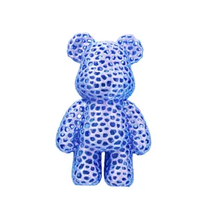 Blue gradient honeycomb hollow bear figurine, modern home decor ornament for living room.