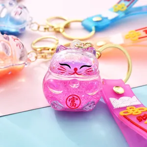 Quick-sand lucky cat keychain acrylic oil-filled cute car pendant bag charm accessory