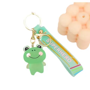 Joli porte-clés grenouille cartoon avec lanière verte, accessoire de mode pour sac.