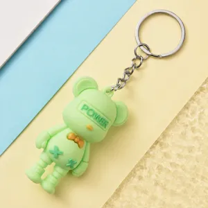 Porte-clés ours dessin animé vert avec joli nœud papillon et anneau pour sacs et clés