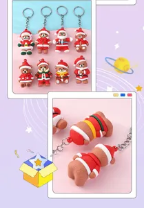 Close-up details of cute Christmas bear keychains with lovely holiday costumes and rings.