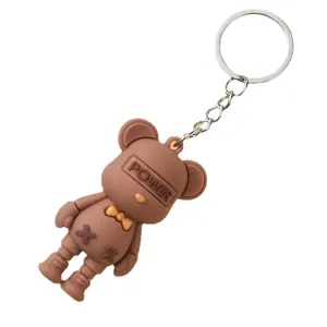 Porte-clés mignon ours brun de dessin animé avec anneau en métal et nœud, pendentif.
