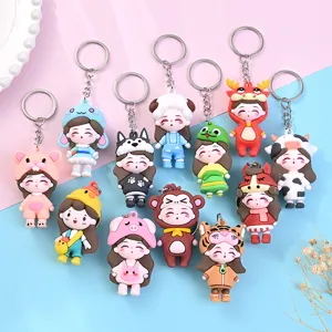 Cute Cartoon Chinese Zodiac Girl Keychain PVC Soft Rubber Doll Bag Pendant Creative Animal Hat Figurine Hanging Ornament Friend Birthday Gift
