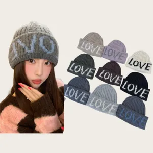 Bonnet en Tricot Style Coréen Avec Lettres Pour Femmes Automne Hiver Chaud Couleur Unie Slouchy Skull Cap Doux Bonnet en Laine