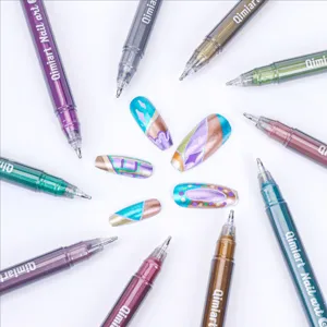 Detail view of 12-color metallic nail art pens with decorated nail tips