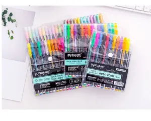 Macro view of colorful 1.0mm glitter and neon gel pen sets in transparent packaging