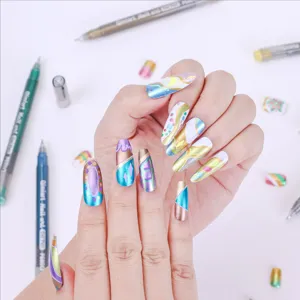 Close-up of vibrant metallic nail art designs created with 12-color fast-drying pens