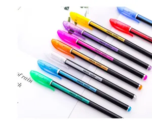 Close-up of vibrant neon color gel pens with 1.0mm tips for drawing and journaling.
