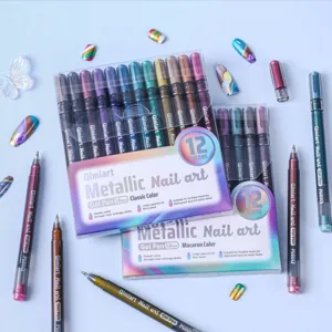 Detailed view of Qimiart 12-color metallic nail art gel pen sets with finished nail tips