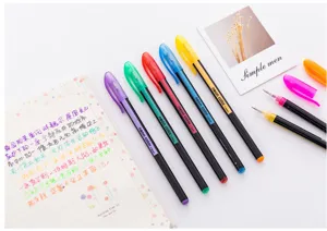 Detail of six vibrant neon gel pens with 1.0mm tips on a white desk setup