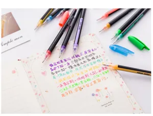 Detailed view of colorful glitter gel pens with vibrant handwritten notes in a journal
