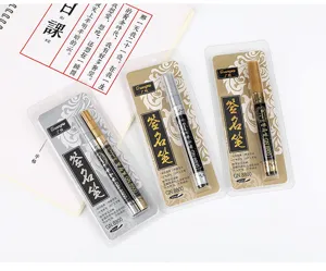 Detail macro view of GuangNa metallic signature pens in gold and silver retail packaging