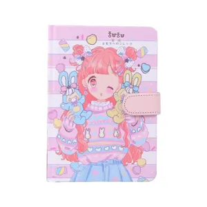 Cute pink notebook with cartoon girl illustration and magnetic closure strap