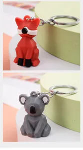 Geometric animal keychain PVC soft rubber cute red fox grey koala bag charm car key ring