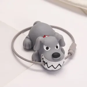 Cute grey cartoon dog keychain pendant with flexible wire rope ring for bag car keys.