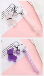 Cute cartoon dog keychain details, translucent dog pendant, metal clasp, stylish bag charm.