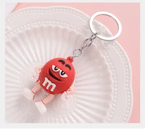 Cute M&M red cartoon character keychain silicone bag pendant creative car keyring.