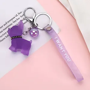 Cute purple bulldog keychain with strap, metal rings and charm pendant for car keys and bags.