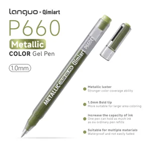 Detailed view of green metallic gel pen with 1.0mm bold tip and large ink capacity