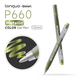 Detailed macro view of 1.0mm metallic gel pen with shimmering green ink stroke example.
