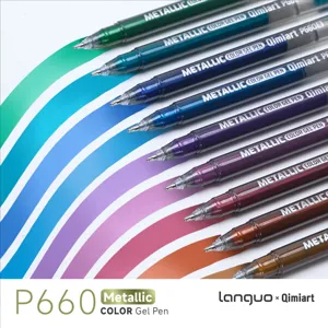 Close-up of vibrant metallic glitter gel pens with colorful ink strokes background
