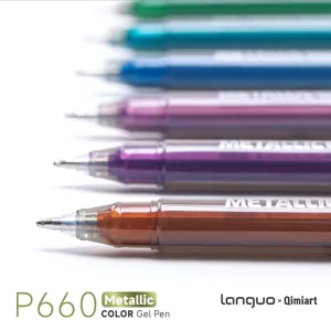 Close-up detail of metallic gel pen tips showcasing vibrant glitter ink colors
