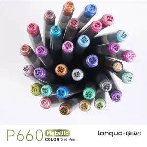 Top-down view of vibrant multicolored metallic gel pens showing coded caps and brand logo